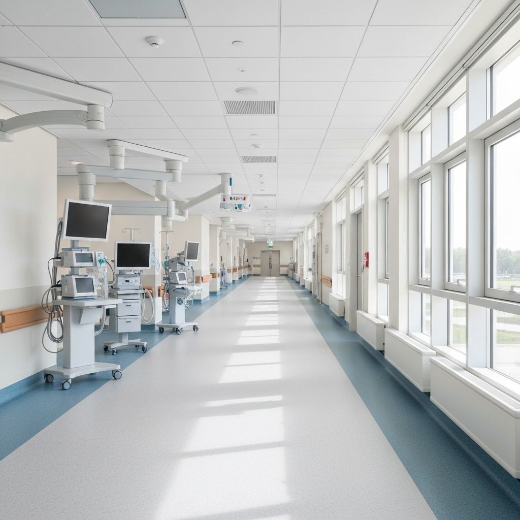Modern hospital interior with bright corridors and medical equipment